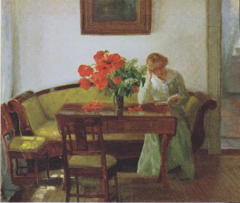 Anna Ancher Interior with poppies and reading woman Germany oil painting art